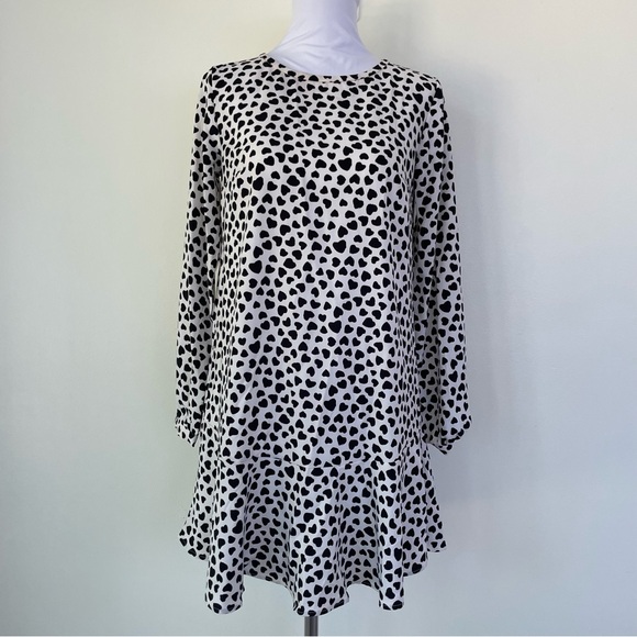 NWT LOFT Heart Print Flounce Dress Long Sleeves XXSP Cream Black - Picture 3 of 10